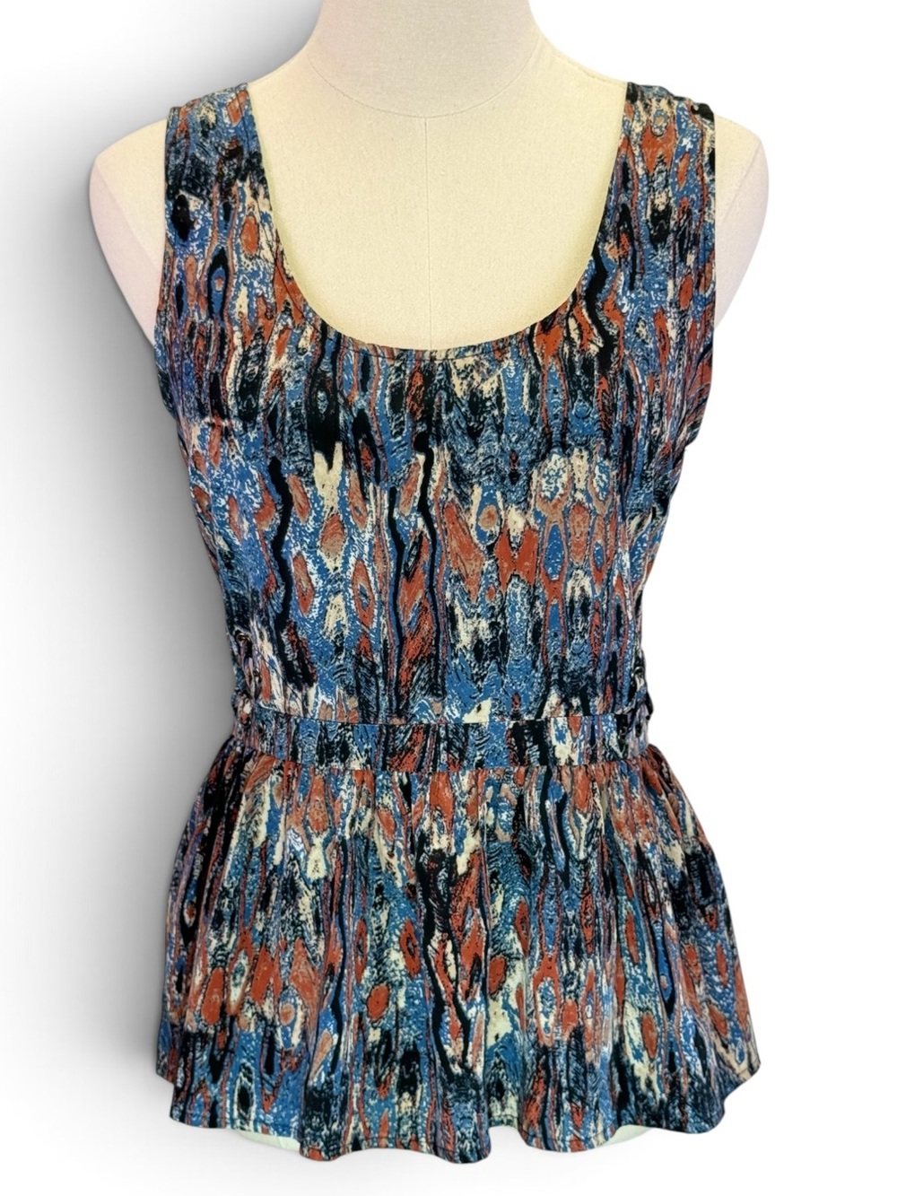 BCNU Women Abstract Print Peplum Tank Sleeveless Top Elastic Waist Blouse Size M